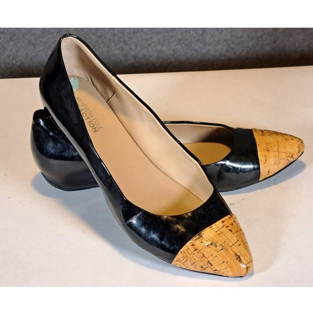 Kenneth Cole Reaction In The Jeans Black Patent Cork Cap Toe Wedge Flats 8M